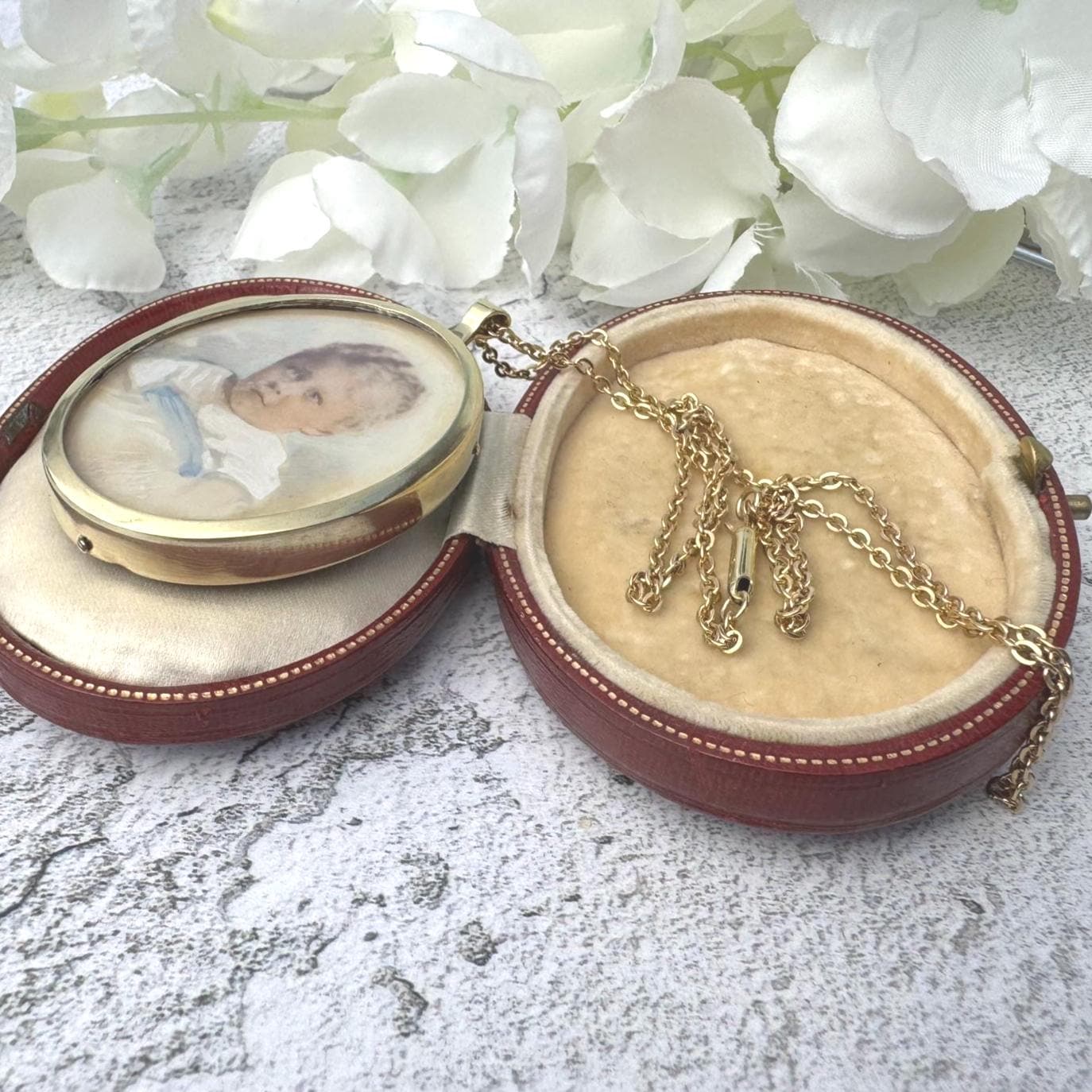 Antique Gold Gilt Baby Boy Portrait Miniature Pendant Necklace. Victorian/Edwardian Hand-Painted Picture Pendant Locket & Period Chain