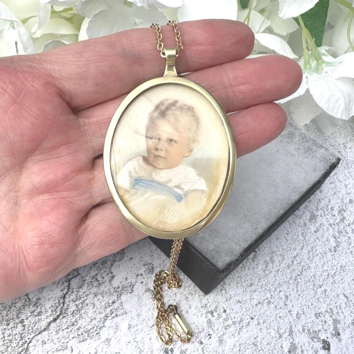 Antique Gold Gilt Baby Boy Portrait Miniature Pendant Necklace. Victorian/Edwardian Hand-Painted Picture Pendant Locket & Period Chain