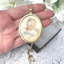 画像をギャラリービューアに読み込む, Antique Gold Gilt Baby Boy Portrait Miniature Pendant Necklace. Victorian/Edwardian Hand-Painted Picture Pendant Locket &amp; Period Chain
