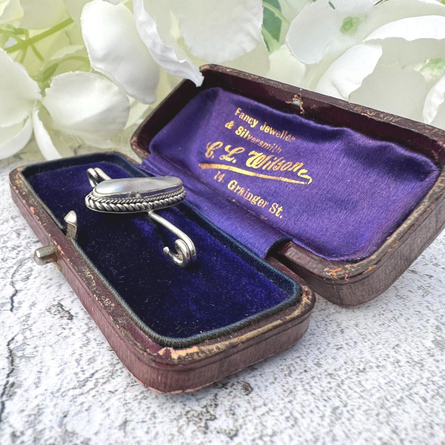 Antique Victorian "Coque De Perle" Silver Stock Pin Brooch Boxed. Sterling Silver & Pearl Equestrian Nappy Pin Style Lapel/Cravat/Tie Pin