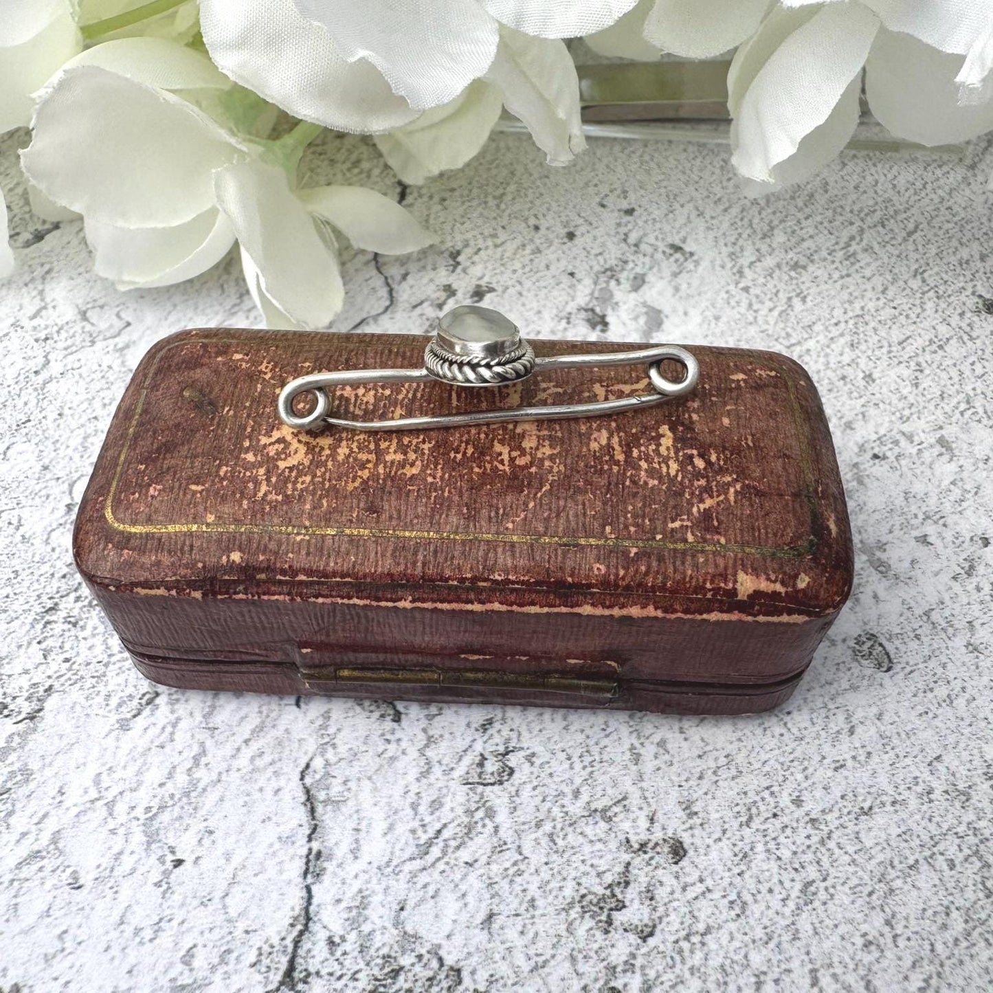 Antique Victorian "Coque De Perle" Silver Stock Pin Brooch Boxed. Sterling Silver & Pearl Equestrian Nappy Pin Style Lapel/Cravat/Tie Pin