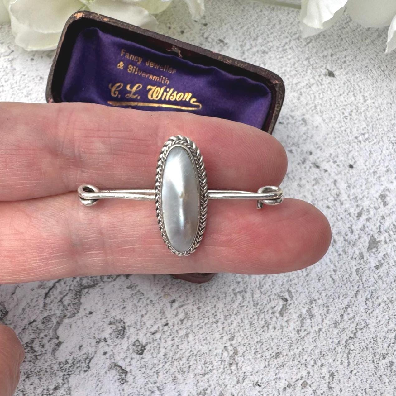 Antique Victorian "Coque De Perle" Silver Stock Pin Brooch Boxed. Sterling Silver & Pearl Equestrian Nappy Pin Style Lapel/Cravat/Tie Pin