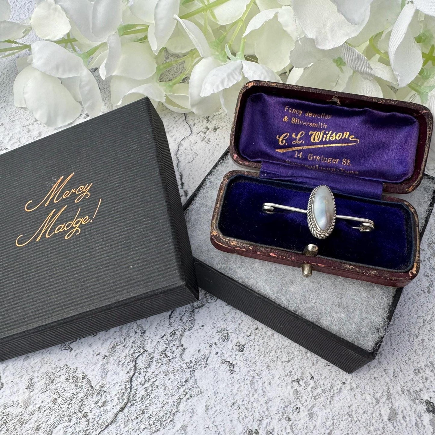Antique Victorian "Coque De Perle" Silver Stock Pin Brooch Boxed. Sterling Silver & Pearl Equestrian Nappy Pin Style Lapel/Cravat/Tie Pin