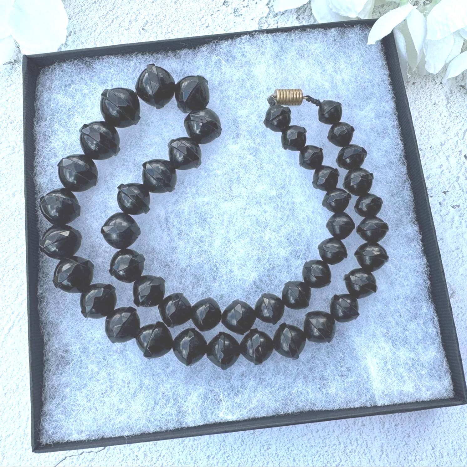 Antique Victorian Whitby Jet Faceted Bicone Bead 24"/61cm Necklace. Genuine Victorian Whitby Jet Bead Necklace. English Mourning Necklace