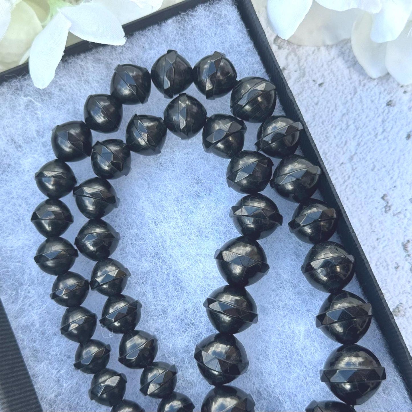 Antique Victorian Whitby Jet Faceted Bicone Bead 24"/61cm Necklace. Genuine Victorian Whitby Jet Bead Necklace. English Mourning Necklace