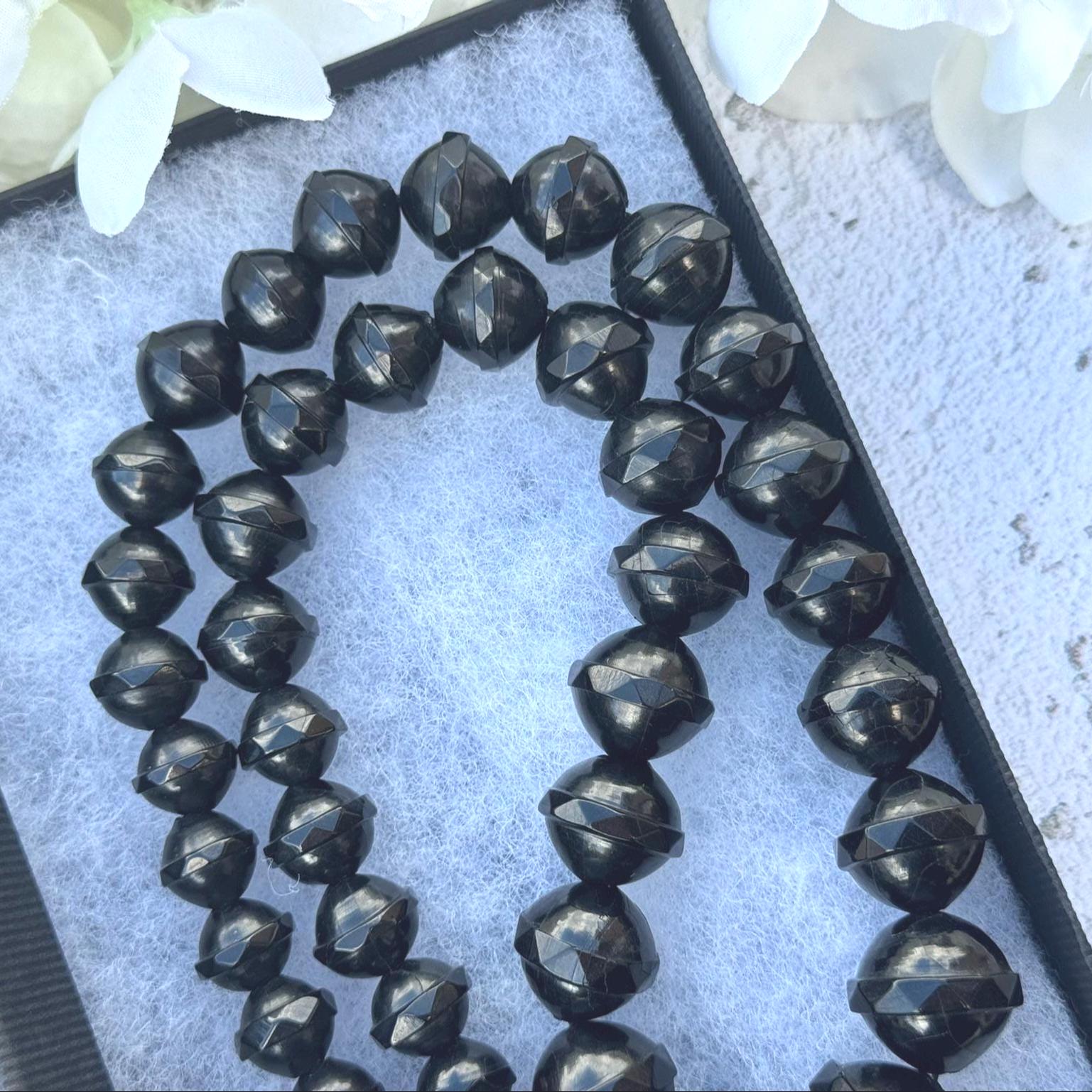 Antique Victorian Whitby Jet Faceted Bicone Bead 24"/61cm Necklace. Genuine Victorian Whitby Jet Bead Necklace. English Mourning Necklace