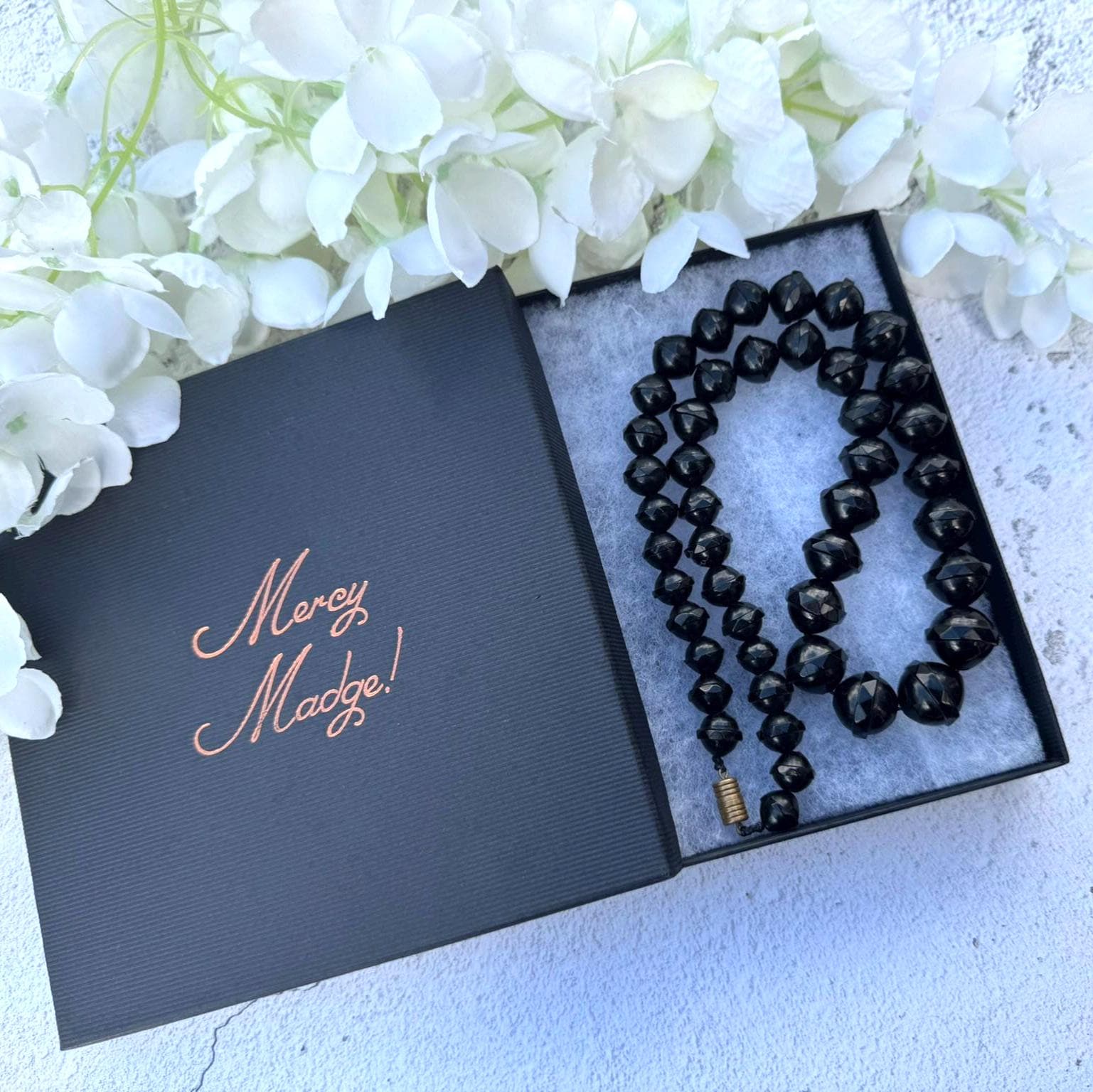 Antique Victorian Whitby Jet Faceted Bicone Bead 24"/61cm Necklace. Genuine Victorian Whitby Jet Bead Necklace. English Mourning Necklace