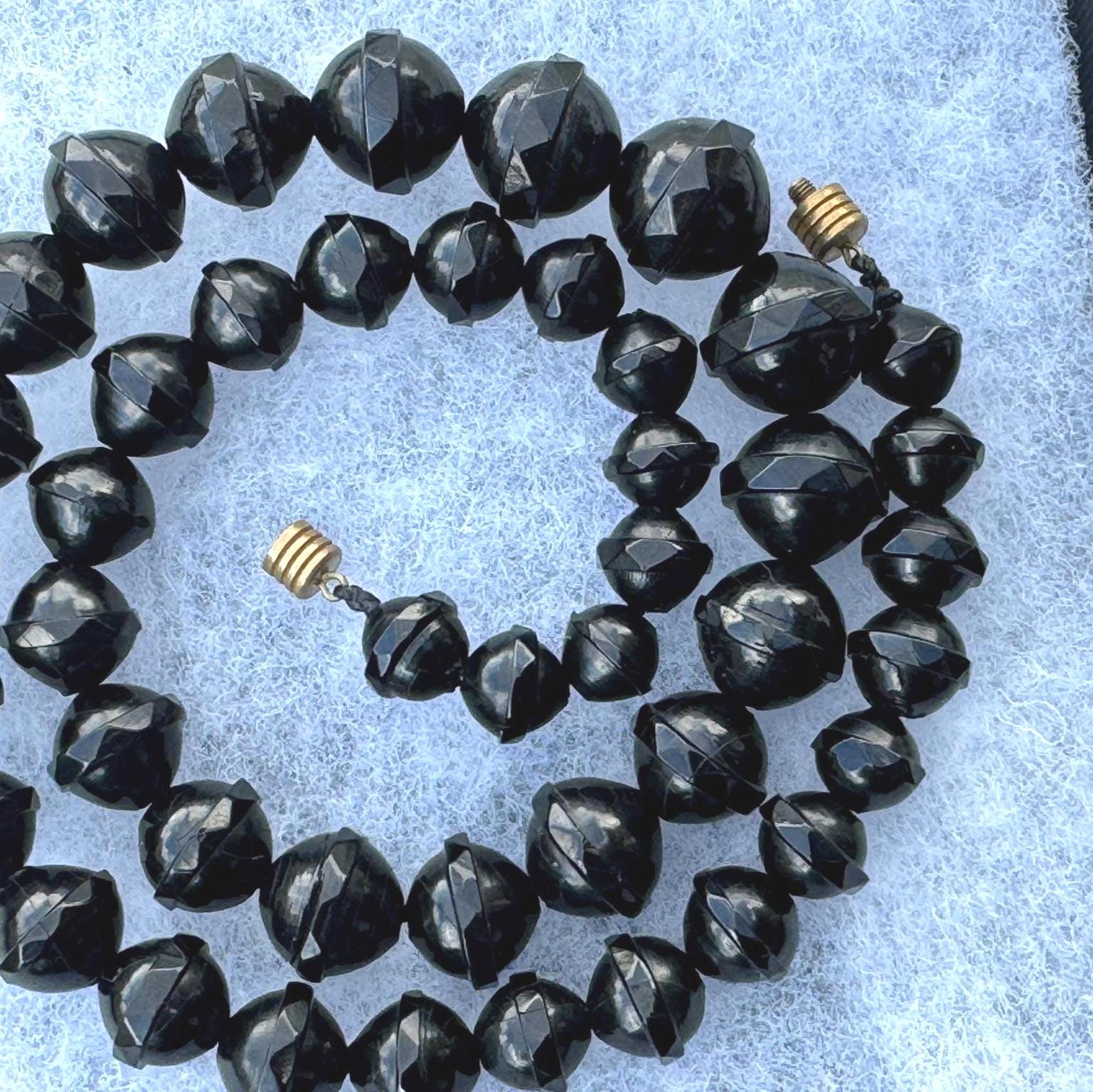 Antique Victorian Whitby Jet Faceted Bicone Bead 24"/61cm Necklace. Genuine Victorian Whitby Jet Bead Necklace. English Mourning Necklace