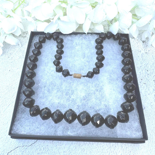 Antique Victorian Whitby Jet Faceted Bicone Bead 24"/61cm Necklace. Genuine Victorian Whitby Jet Bead Necklace. English Mourning Necklace
