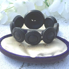 Lade das Bild in den Galerie-Viewer, Rare Antique Victorian Irish Bog Oak Shamrock Bracelet. Victorian Carved Black Wood Panel Bracelet. Stretch Fitted Mourning Bracelet Cuff
