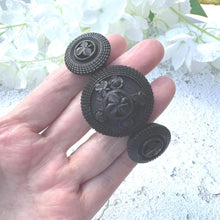 Lade das Bild in den Galerie-Viewer, Rare Antique Victorian Irish Bog Oak Shamrock Bracelet. Victorian Carved Black Wood Panel Bracelet. Stretch Fitted Mourning Bracelet Cuff

