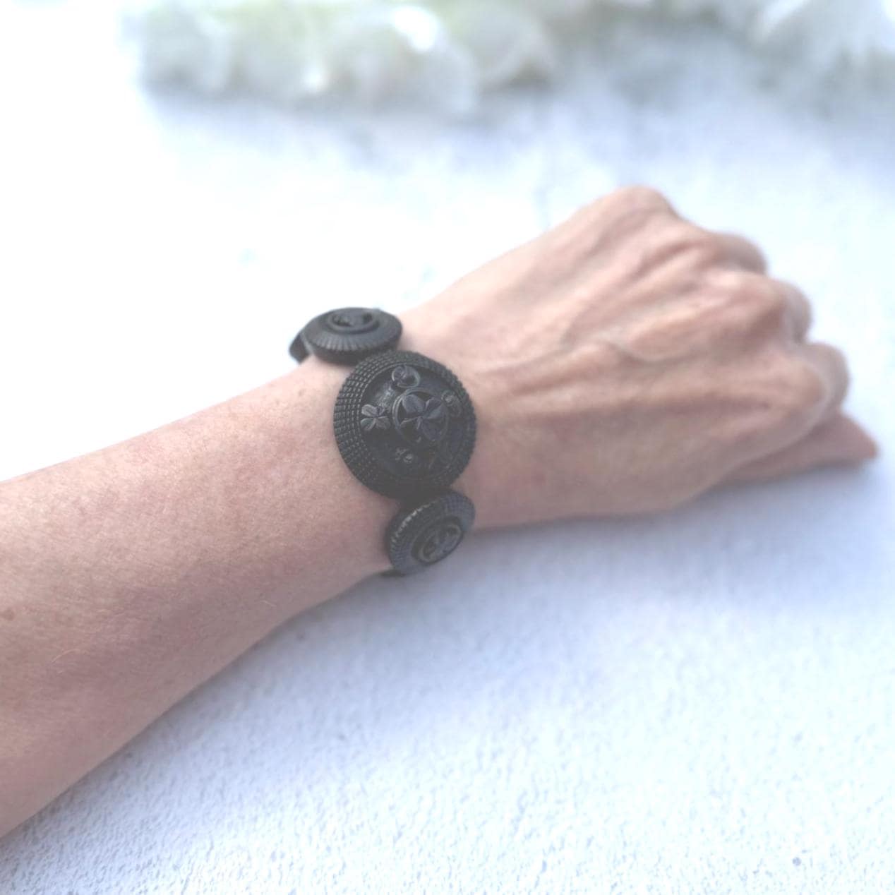 Rare Antique Victorian Irish Bog Oak Shamrock Bracelet. Victorian Carved Black Wood Panel Bracelet. Stretch Fitted Mourning Bracelet Cuff