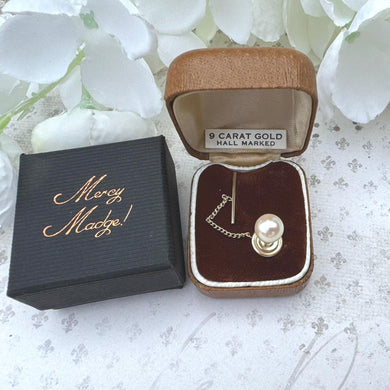 Vintage Solid 9ct Gold & Pearl 1960s Tie Tack Pin With Chain, Boxed. Suit/Blazer Lapel Pin Stud. Tiny Brooch For Men. Wedding/Formal Jewelry