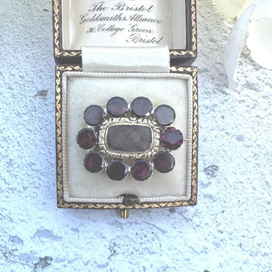 Antique Georgian 15ct Gold, Flat-Cut Garnet & Hair Work Brooch. Mourning,Sentimental,Love Token Jewelry. Small Gold Brooch, Lapel/Cravat Pin