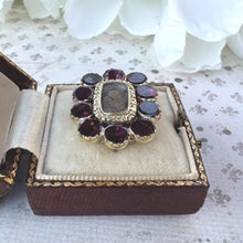 Cargar imagen en el visor de la galería, Antique Georgian 15ct Gold, Flat-Cut Garnet &amp; Hair Work Brooch. Mourning,Sentimental,Love Token Jewelry. Small Gold Brooch, Lapel/Cravat Pin
