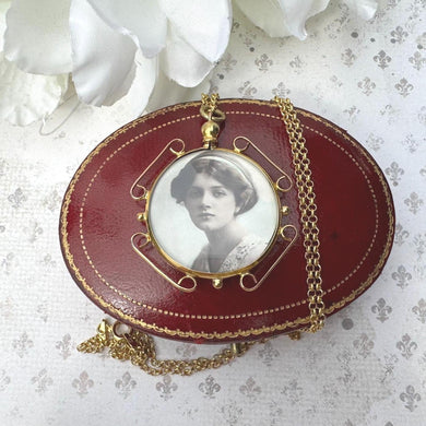 Antique Edwardian Rolled Gold Breloque Picture Pendant Locket With Photo. Yellow Gold Double Sided Glass Shaker/Keepsake Pendant & Chain