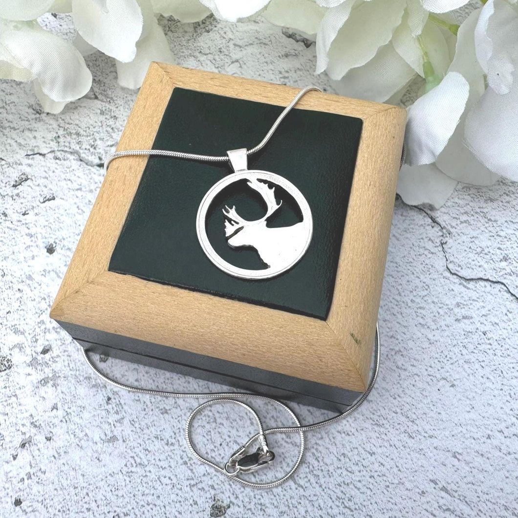 Vintage Sterling Silver Stag Pendant Necklace: Open-Work Caribou Design
