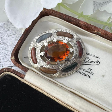 Antique Victorian Scottish Agate & Citrine Engraved Silver Brooch. Classic Scottish Silver Oval Golden Citrine Cairngorm Brooch/Lapel Pin