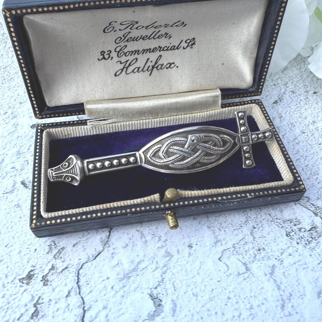 Rare Vintage Iona Silver Ouroboros And Dragon Celtic Sword & Shield Kilt Pin. Scottish Sterling Silver Zoomorhic Brooch/Tartan/Plaid Pin