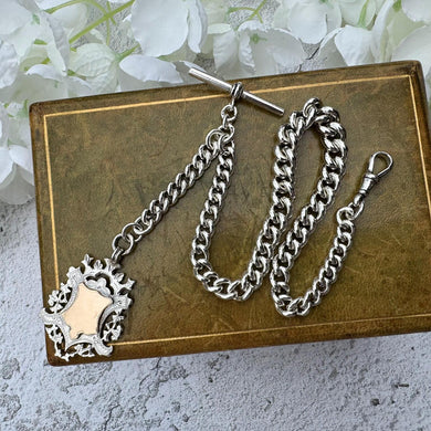 Antique Victorian Heavy Silver & Gold Pocket Watch Chain Dated 1889 With Large Fob. Chunky Albert Watch Chain Bracelet With T-Bar and Clip