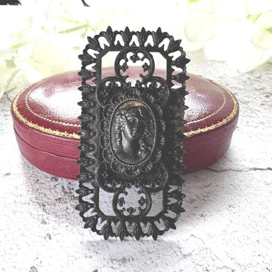 Rare 19th Century Berlin Iron Large Rectangular Brooch. Antique Georgian Black Cast Iron Open-Work & Steel Neoclassical Cameo Brooch, c1810