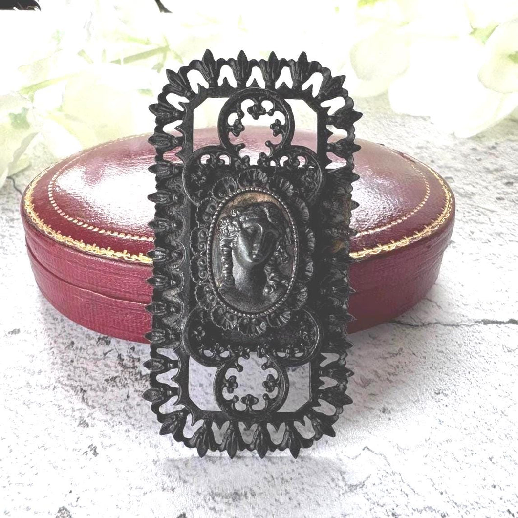 Rare 19th Century Berlin Iron Large Rectangular Brooch. Antique Georgian Black Cast Iron Open-Work & Steel Neoclassical Cameo Brooch, c1810