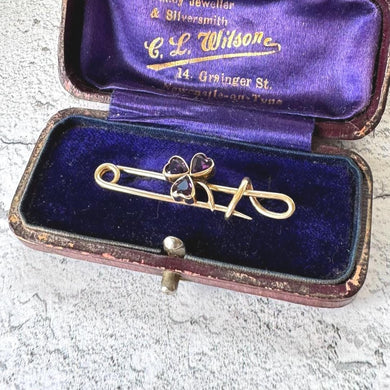 Antique Victorian Amethyst Heart Shamrock Rolled Gold Stock Pin Brooch. Nappy Pin Style Lapel/Cravat/Tie Pin. Antique Equestrian Jewellery