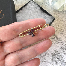 Cargar imagen en el visor de la galería, Antique Victorian Amethyst Heart Shamrock Rolled Gold Stock Pin Brooch. Nappy Pin Style Lapel/Cravat/Tie Pin. Antique Equestrian Jewellery
