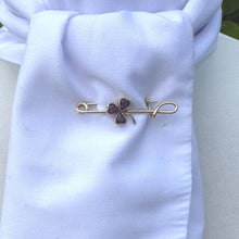 Cargar imagen en el visor de la galería, Antique Victorian Amethyst Heart Shamrock Rolled Gold Stock Pin Brooch. Nappy Pin Style Lapel/Cravat/Tie Pin. Antique Equestrian Jewellery
