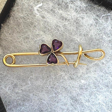 Cargar imagen en el visor de la galería, Antique Victorian Amethyst Heart Shamrock Rolled Gold Stock Pin Brooch. Nappy Pin Style Lapel/Cravat/Tie Pin. Antique Equestrian Jewellery
