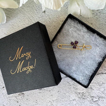 Cargar imagen en el visor de la galería, Antique Victorian Amethyst Heart Shamrock Rolled Gold Stock Pin Brooch. Nappy Pin Style Lapel/Cravat/Tie Pin. Antique Equestrian Jewellery
