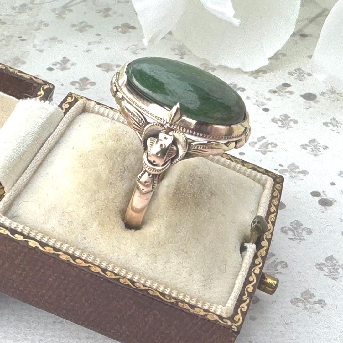 Art Deco 14ct Gold Jade Cabochon Ring. Deep Emerald Green 12ct Jade Cabochon Statement Ring. Ornate Antique Chinese Export Ring Size R/8.5