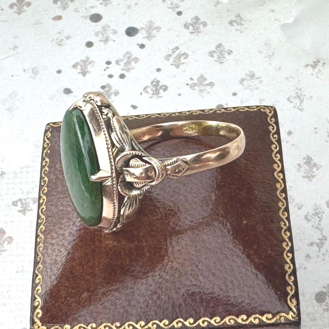 Art Deco 14ct Gold Jade Cabochon Ring. Deep Emerald Green 12ct Jade Cabochon Statement Ring. Ornate Antique Chinese Export Ring Size R/8.5