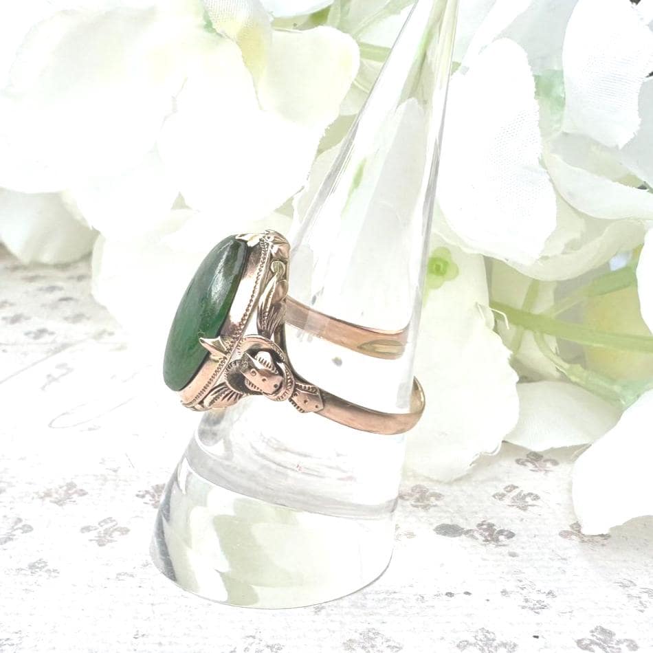 Art Deco 14ct Gold Jade Cabochon Ring. Deep Emerald Green 12ct Jade Cabochon Statement Ring. Ornate Antique Chinese Export Ring Size R/8.5
