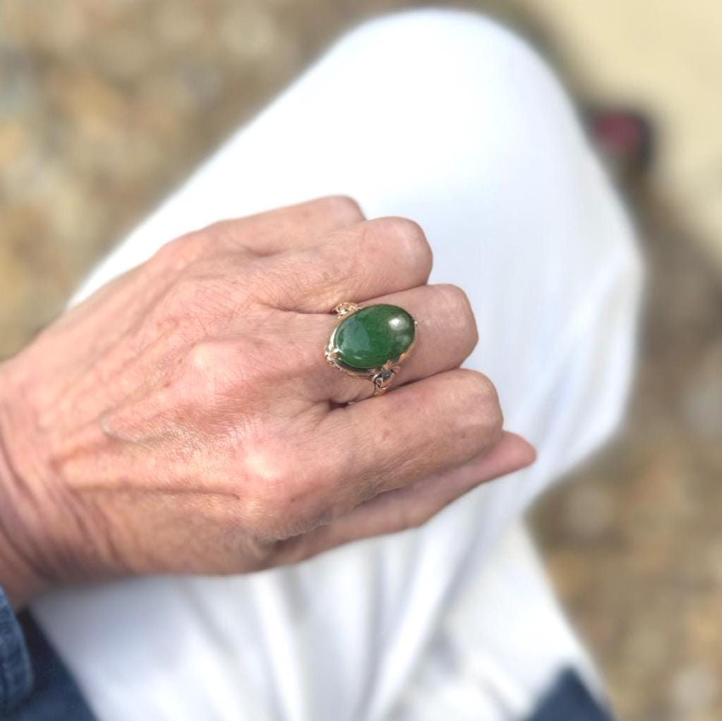 Art Deco 14ct Gold Jade Cabochon Ring. Deep Emerald Green 12ct Jade Cabochon Statement Ring. Ornate Antique Chinese Export Ring Size R/8.5
