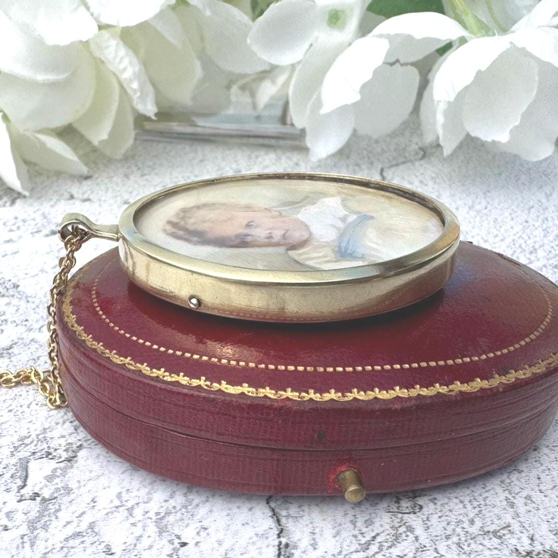 Antique Gold Gilt Baby Boy Portrait Miniature Pendant Necklace. Victorian/Edwardian Hand-Painted Picture Pendant Locket & Period Chain