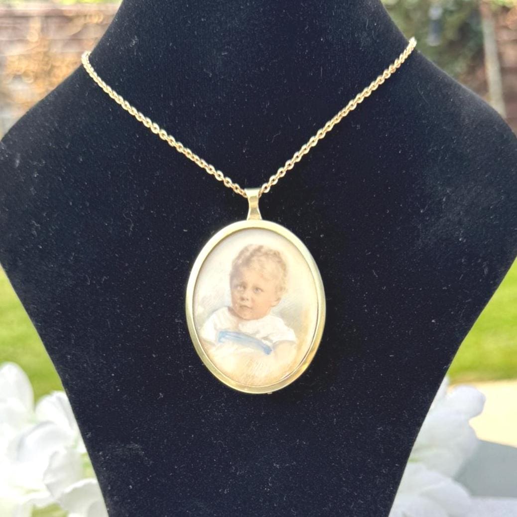 Antique Gold Gilt Baby Boy Portrait Miniature Pendant Necklace. Victorian/Edwardian Hand-Painted Picture Pendant Locket & Period Chain