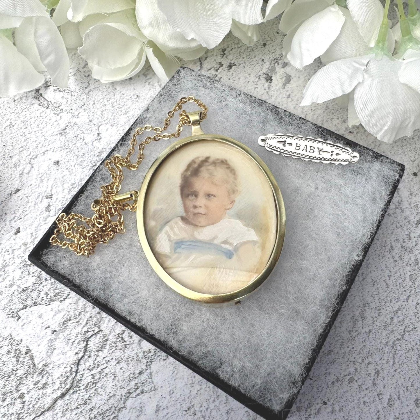 Antique Gold Gilt Baby Boy Portrait Miniature Pendant Necklace. Victorian/Edwardian Hand-Painted Picture Pendant Locket & Period Chain