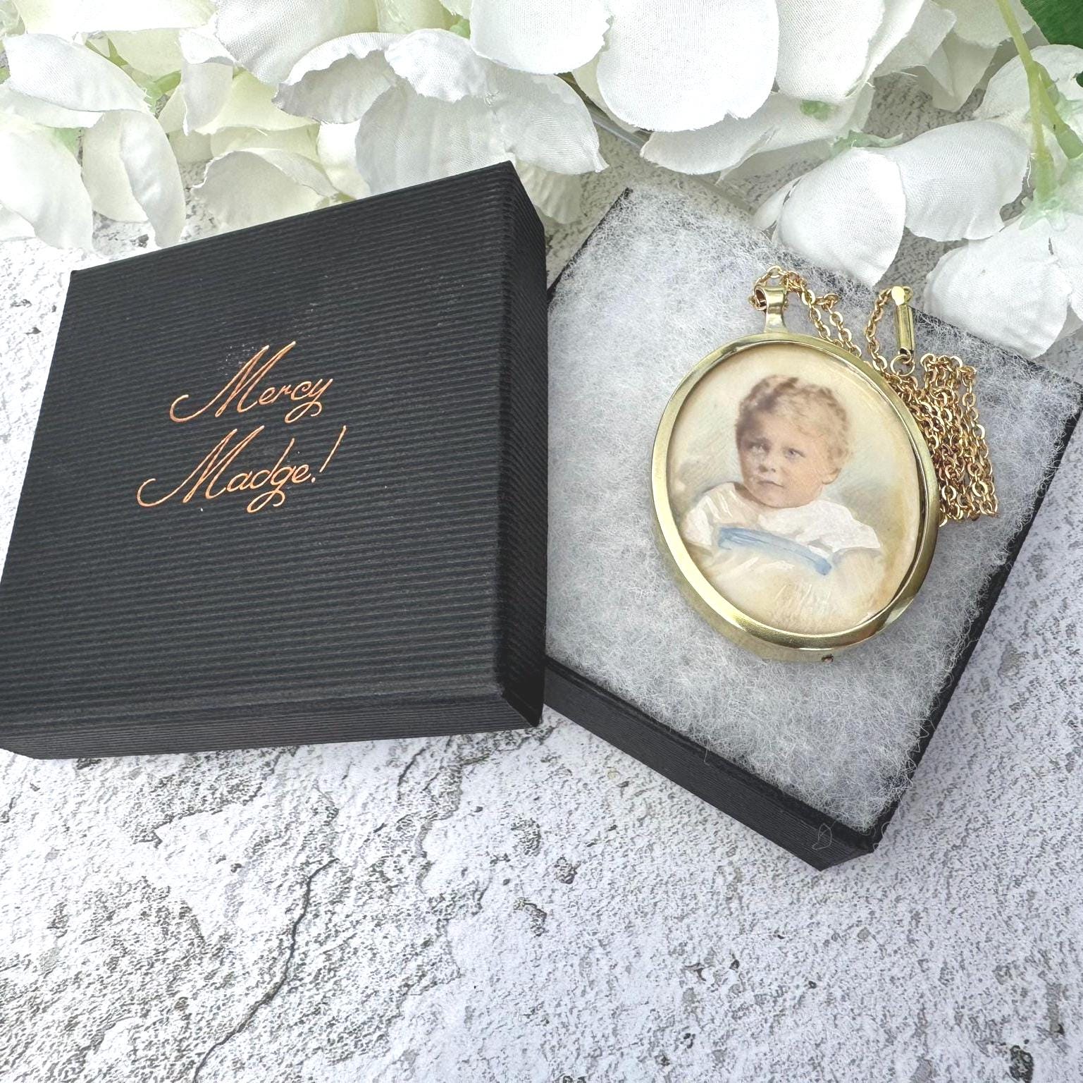 Antique Gold Gilt Baby Boy Portrait Miniature Pendant Necklace. Victorian/Edwardian Hand-Painted Picture Pendant Locket & Period Chain