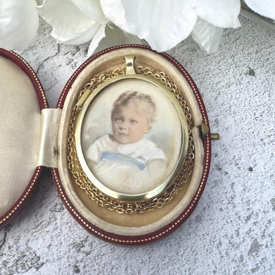 Antique Gold Gilt Baby Boy Portrait Miniature Pendant Necklace. Victorian/Edwardian Hand-Painted Picture Pendant Locket & Period Chain