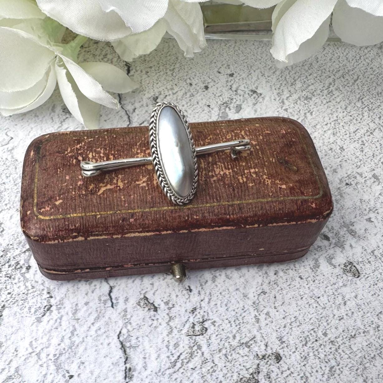 Antique Victorian "Coque De Perle" Silver Stock Pin Brooch Boxed. Sterling Silver & Pearl Equestrian Nappy Pin Style Lapel/Cravat/Tie Pin
