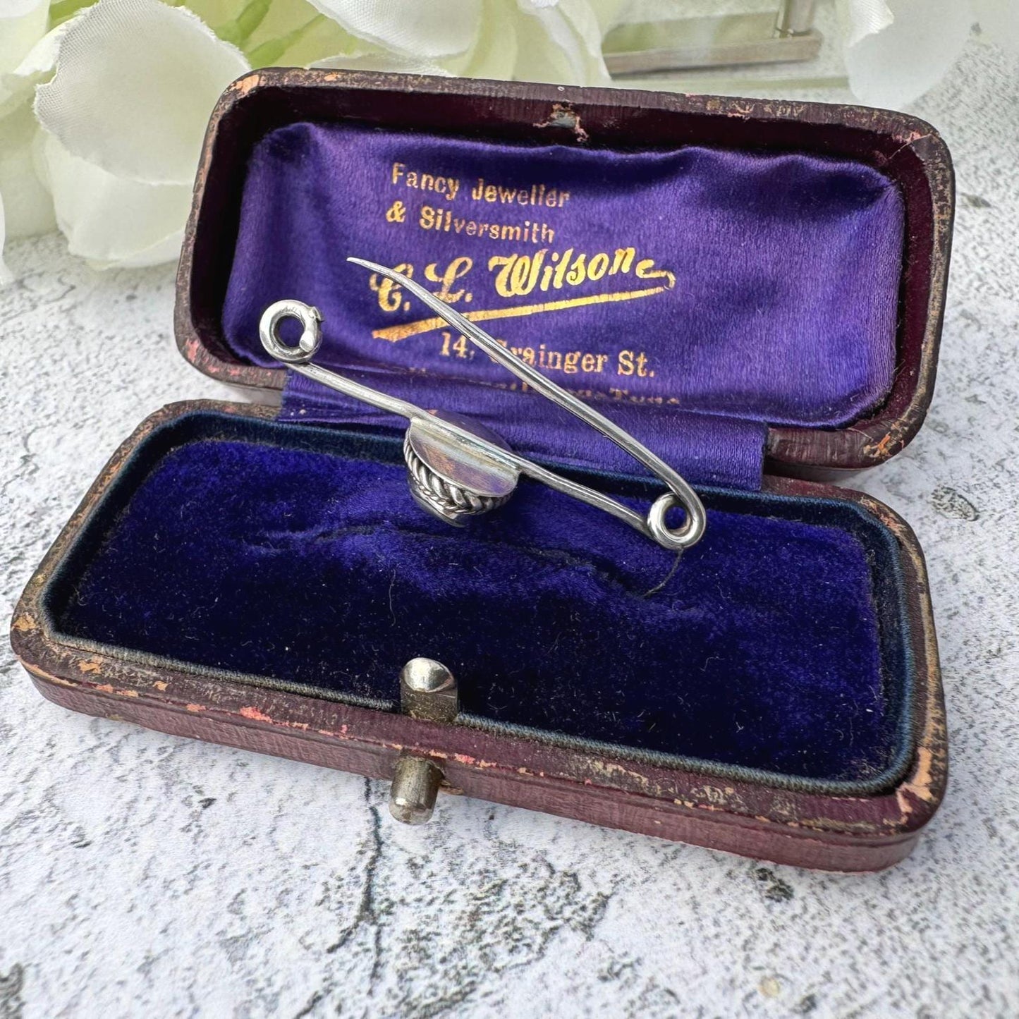 Antique Victorian "Coque De Perle" Silver Stock Pin Brooch Boxed