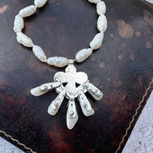 Cargar imagen en el visor de la galería, Antique Georgian Baroque Pearl &amp; Diamond Pendant Necklace. Old Rose Cut Diamond, Dog Tooth River Pearl Fan Lavalier Pendant Necklace, c1760

