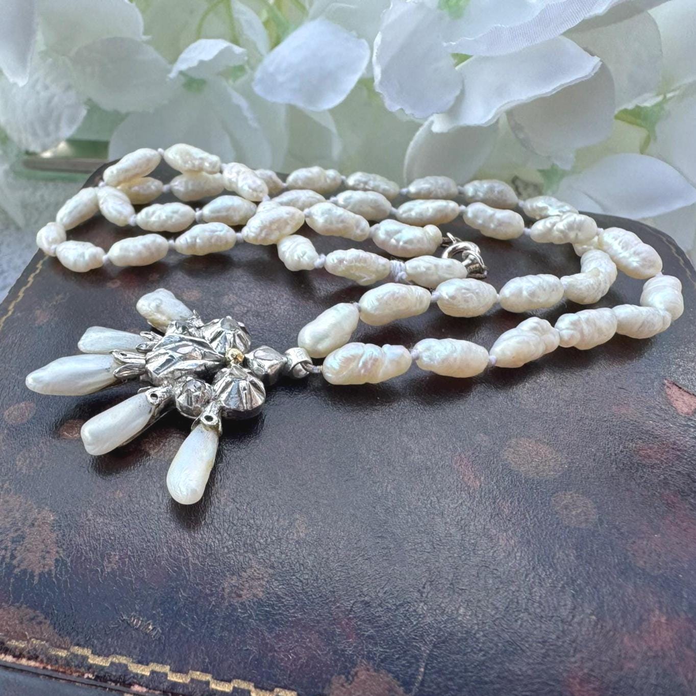 Antique Georgian Pearl & Rose Cut Diamond Pendant Necklace