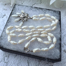 Cargar imagen en el visor de la galería, Antique Georgian Baroque Pearl &amp; Diamond Pendant Necklace. Old Rose Cut Diamond, Dog Tooth River Pearl Fan Lavalier Pendant Necklace, c1760
