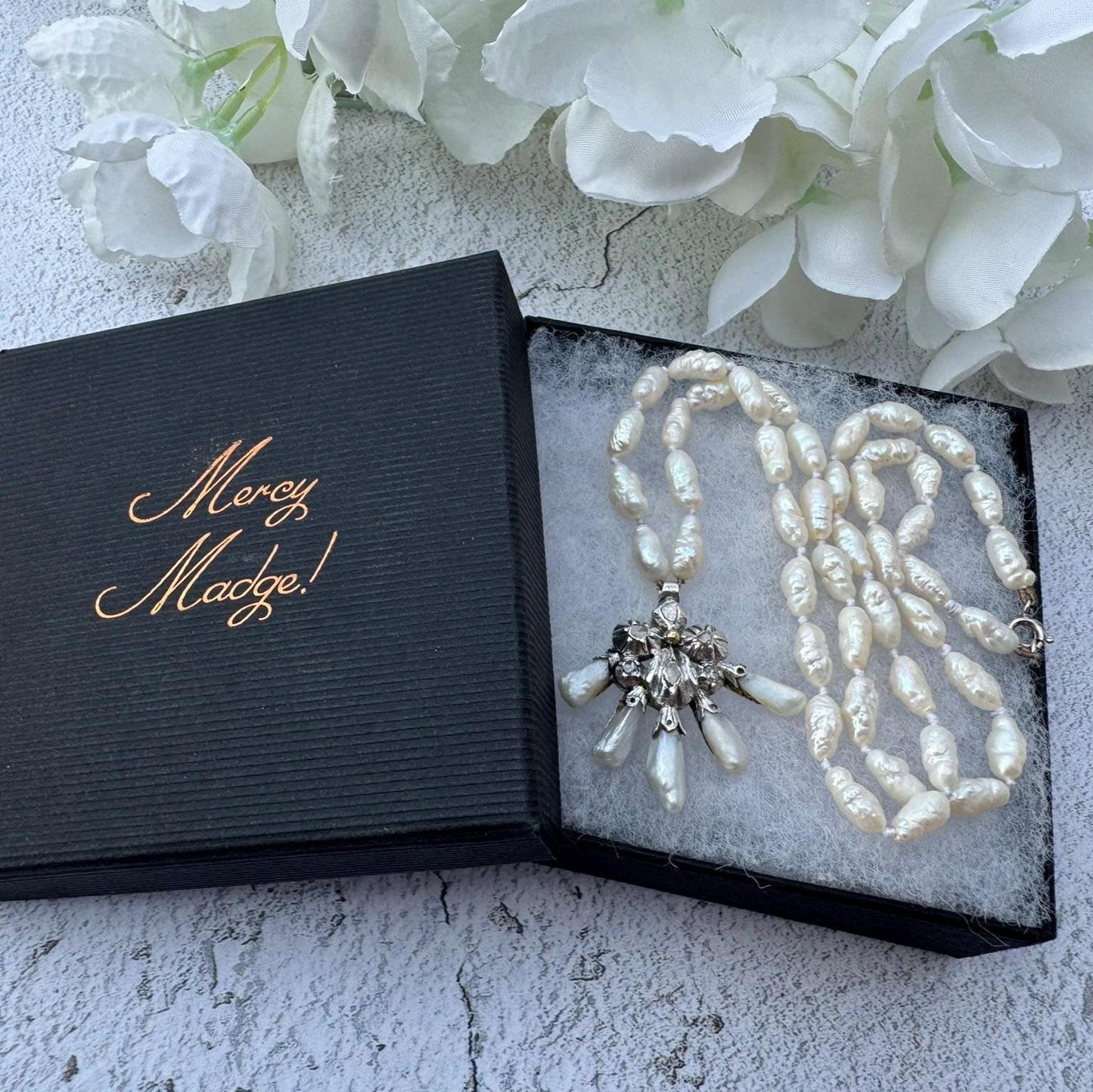 Antique Georgian Pearl & Rose Cut Diamond Pendant Necklace