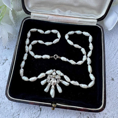 Antique Georgian Baroque Pearl & Diamond Pendant Necklace. Old Rose Cut Diamond, Dog Tooth River Pearl Fan Lavalier Pendant Necklace, c1760