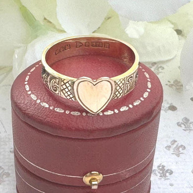 Antique Victorian 9ct Gold Heart Band Mourning Ring With Hair Work, Chester 1900. Antique Mourning/ Sentimental Love Token Ring Size Q/8-1/4