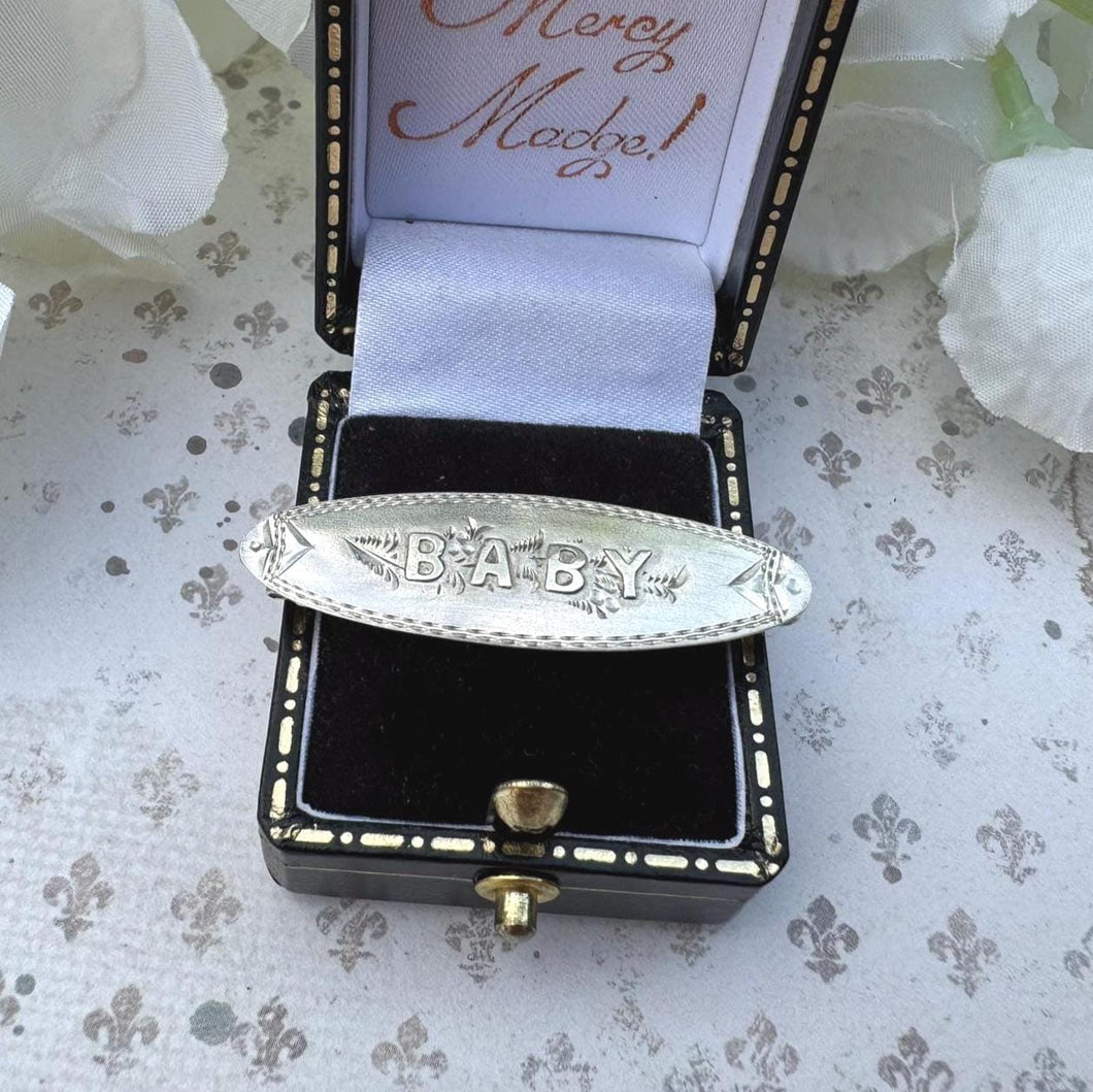 Antique Edwardian English Silver Baby Brooch, Dated 1904. 