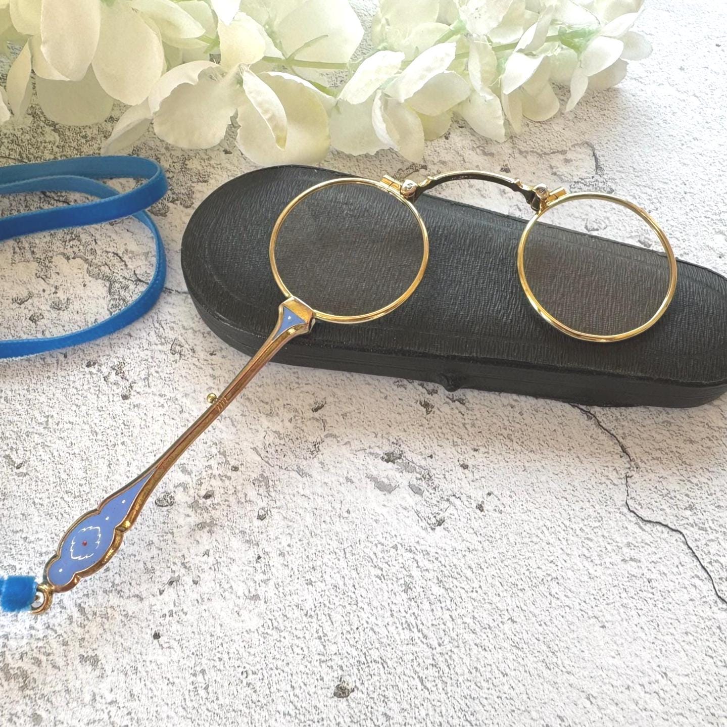 Antique 14ct Gold Filled French Blue Enamel Folding Lorgnette/Quizzing Glass In Original Case. Victorian Eyeglasses. Gold Magnifying Pendant